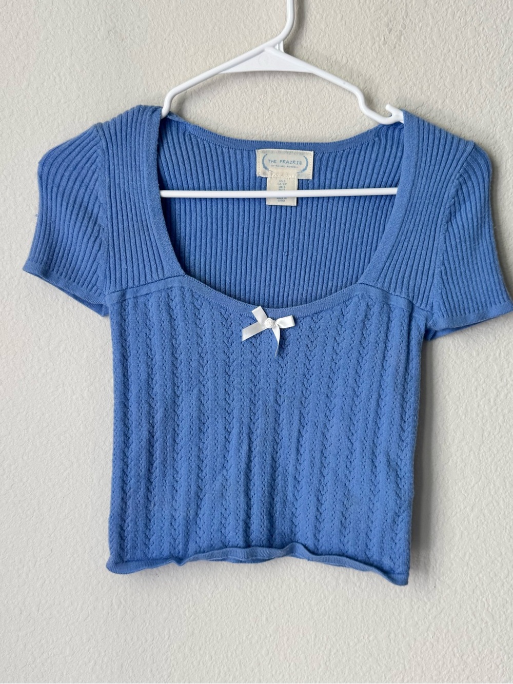 The Praire Cornflower Blue Knit Lace-Pattern Crop‎ Top with Bow